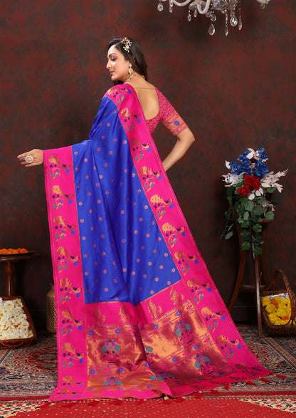 Vedant Vastram Blue Color Paithani Silk Saree - Blue - Distacart