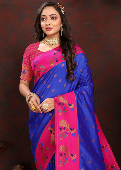 Vedant Vastram Blue Color Paithani Silk Saree - Blue - Distacart