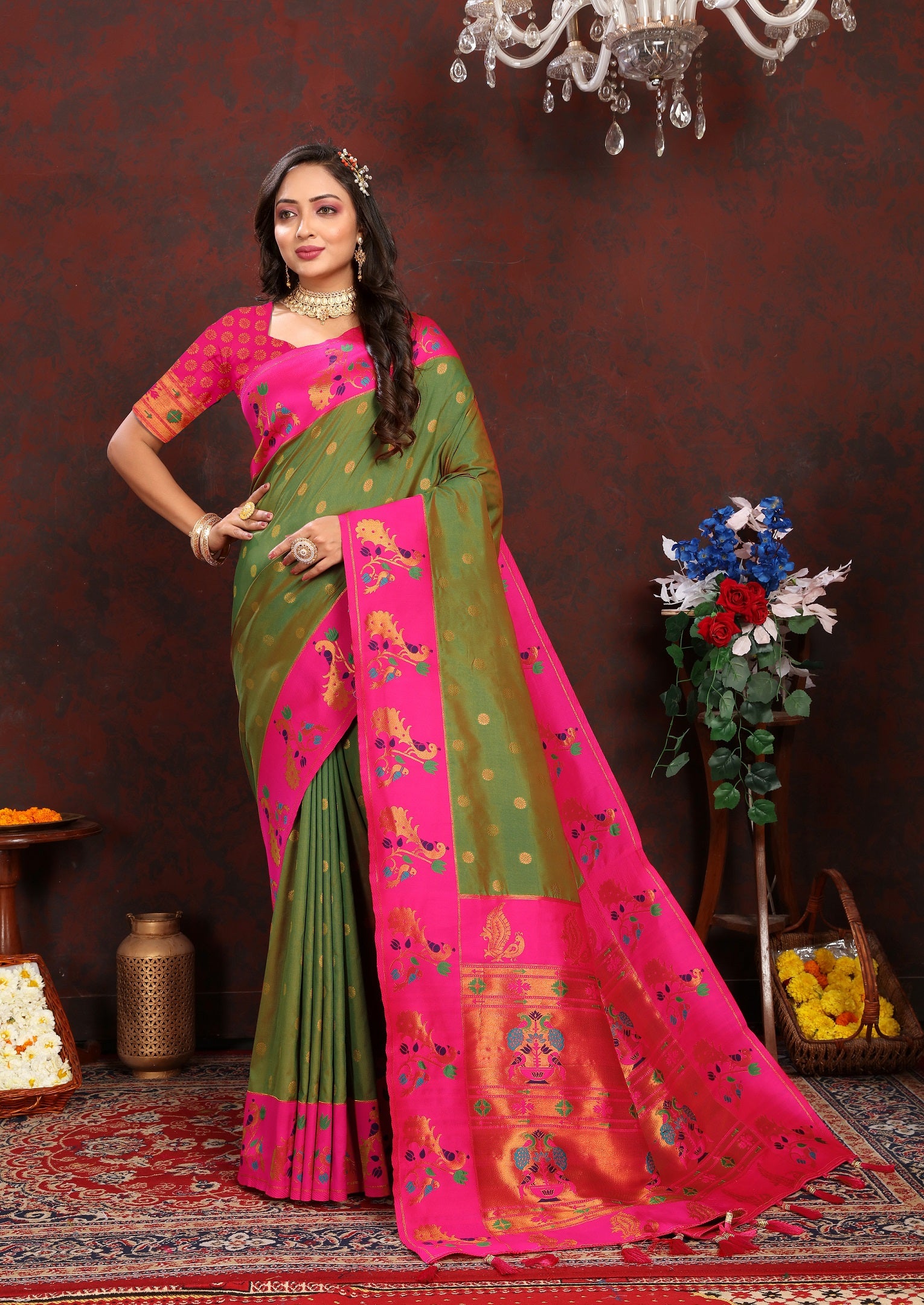 Vedant Vastram Mehndi Color Paithani Silk Saree - Mehndi - Distacart