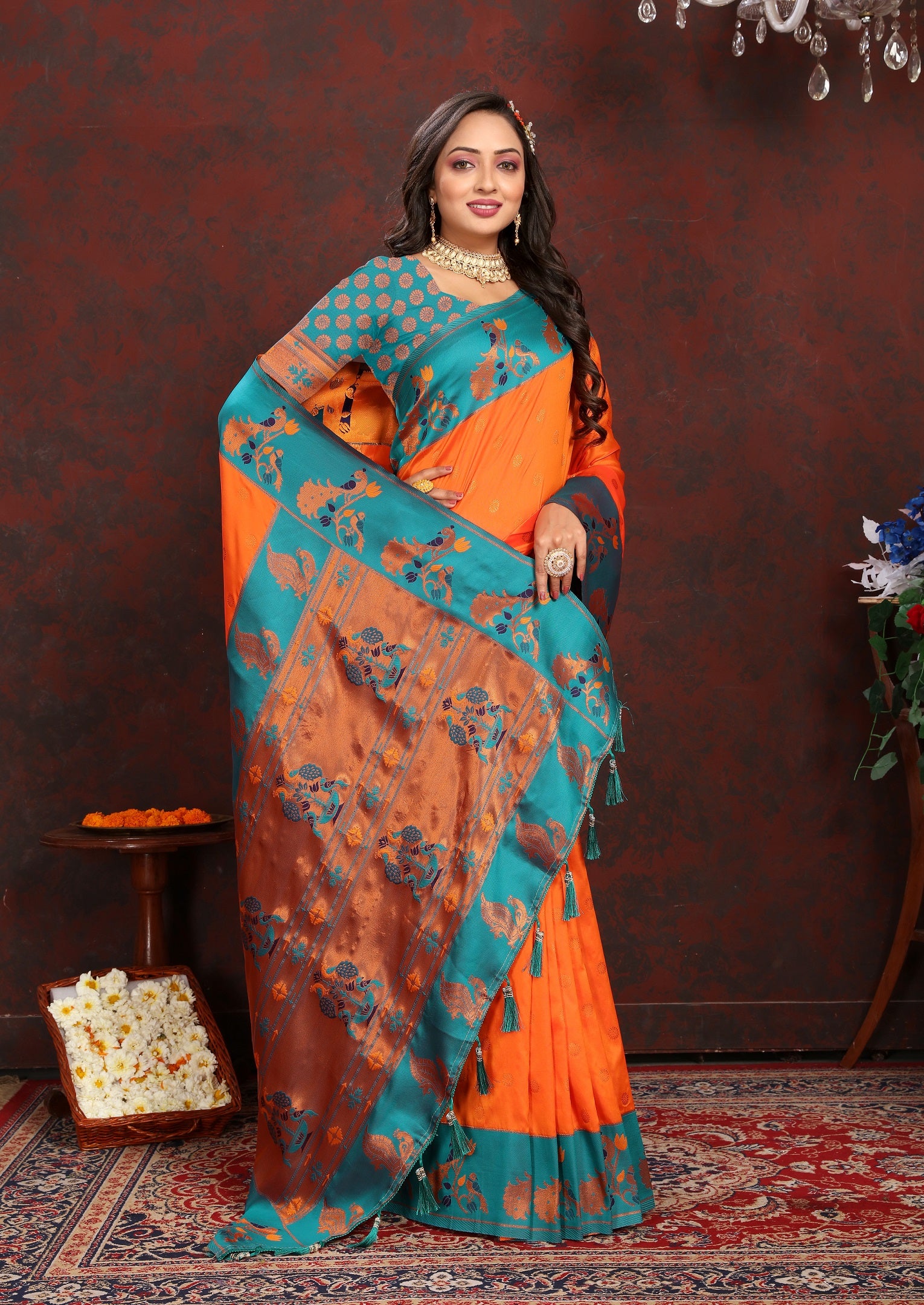Vedant Vastram Orange Color Paithani Silk Saree - Orange - Distacart