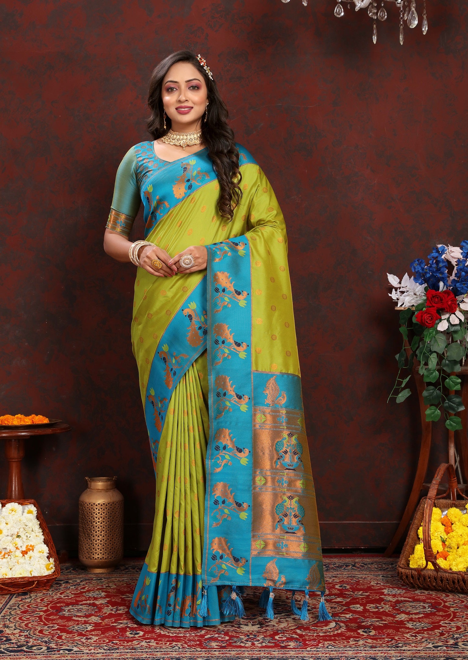 Vedant Vastram Parrot Color Paithani Silk Saree - Parrot - Distacart