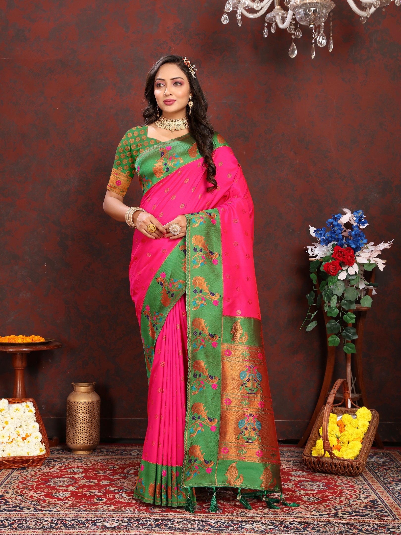 Vedant Vastram Pink Color Paithani Silk Saree - Pink - Distacart