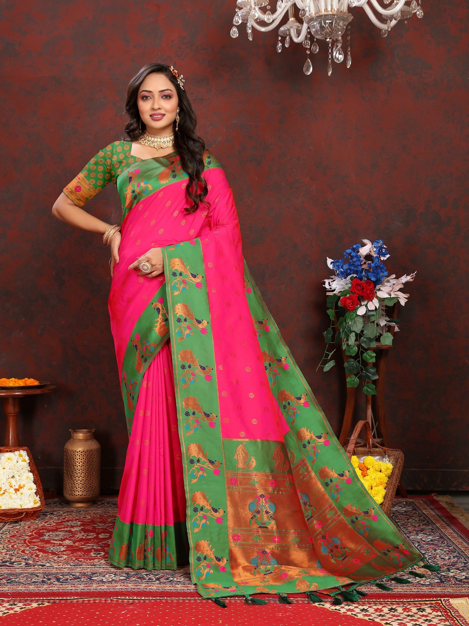 Vedant Vastram Pink Color Paithani Silk Saree - Pink - Distacart