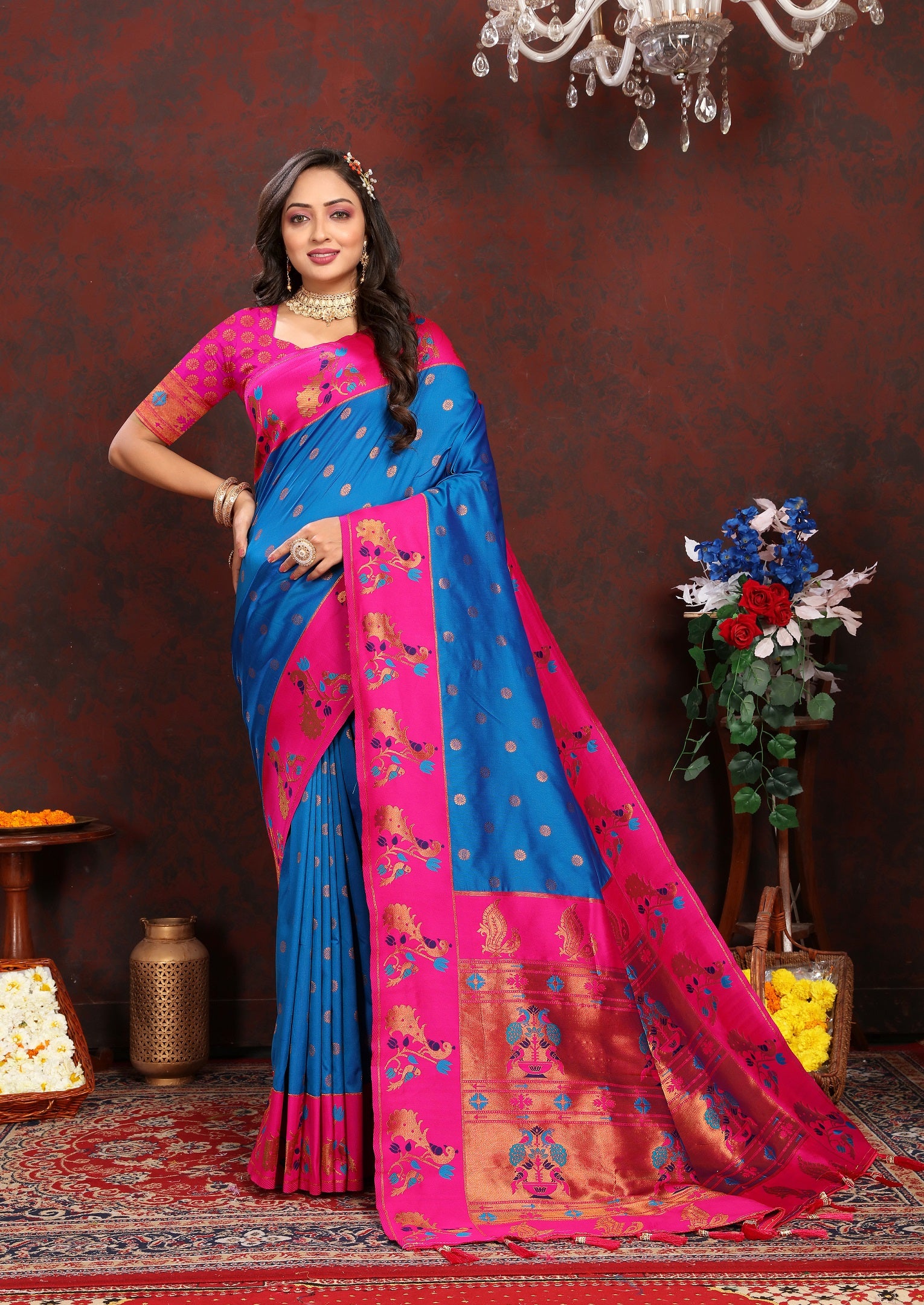 Vedant Vastram Royal Blue Color Paithani Silk Saree - Royal Blue - Distacart