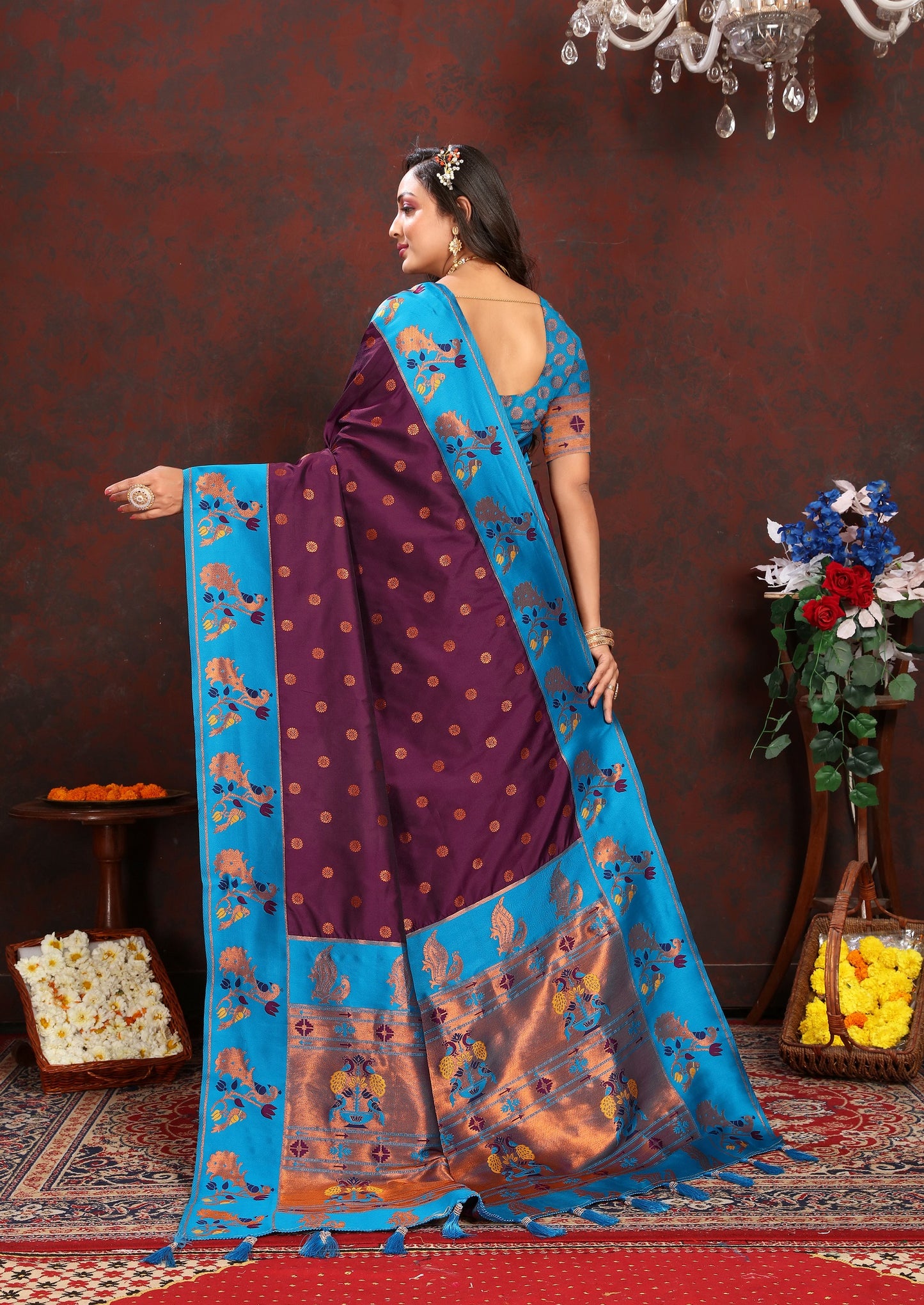 Vedant Vastram Wine Color Paithani Silk Saree - Wine - Distacart