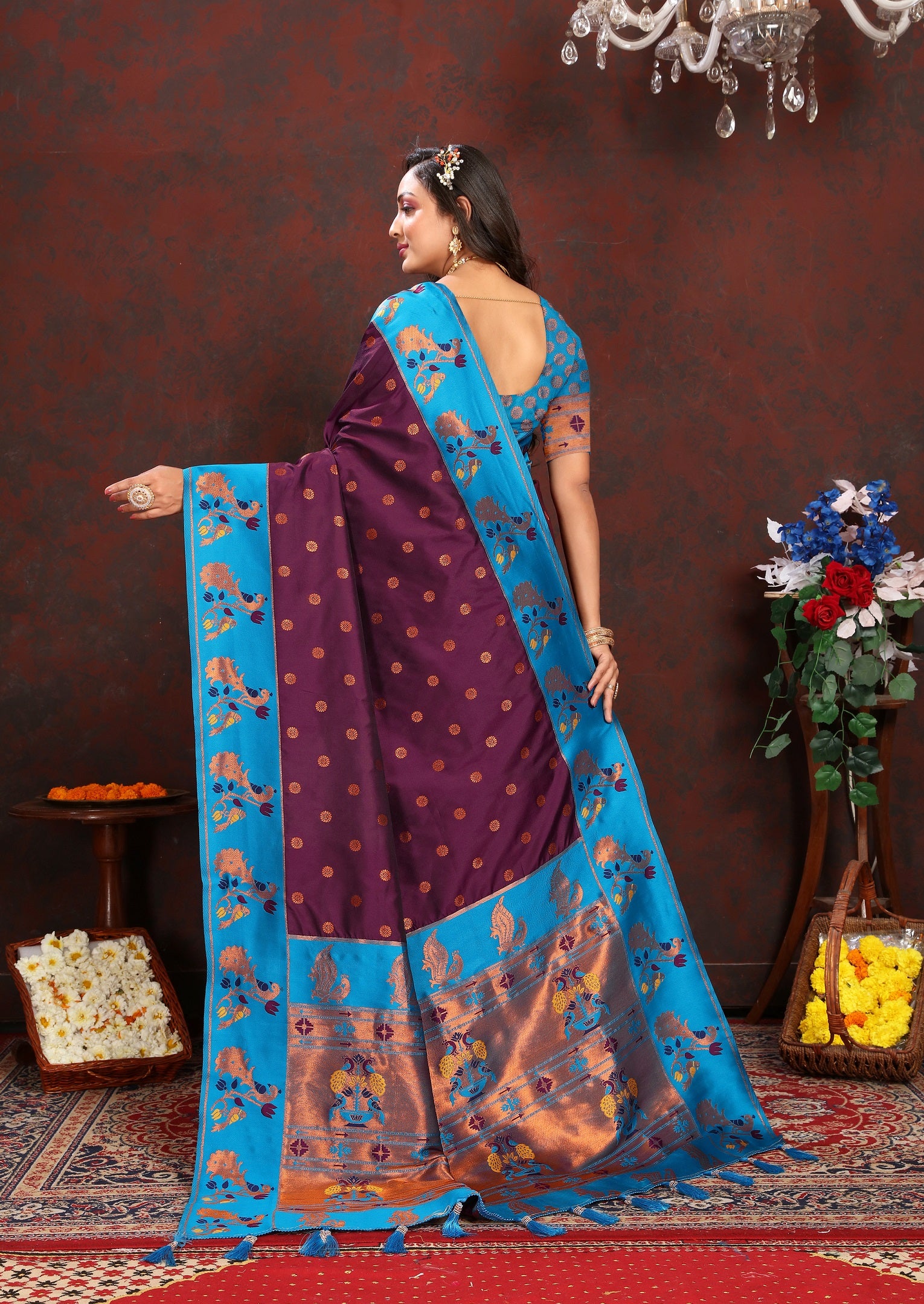 Vedant Vastram Wine Color Paithani Silk Saree - Wine - Distacart