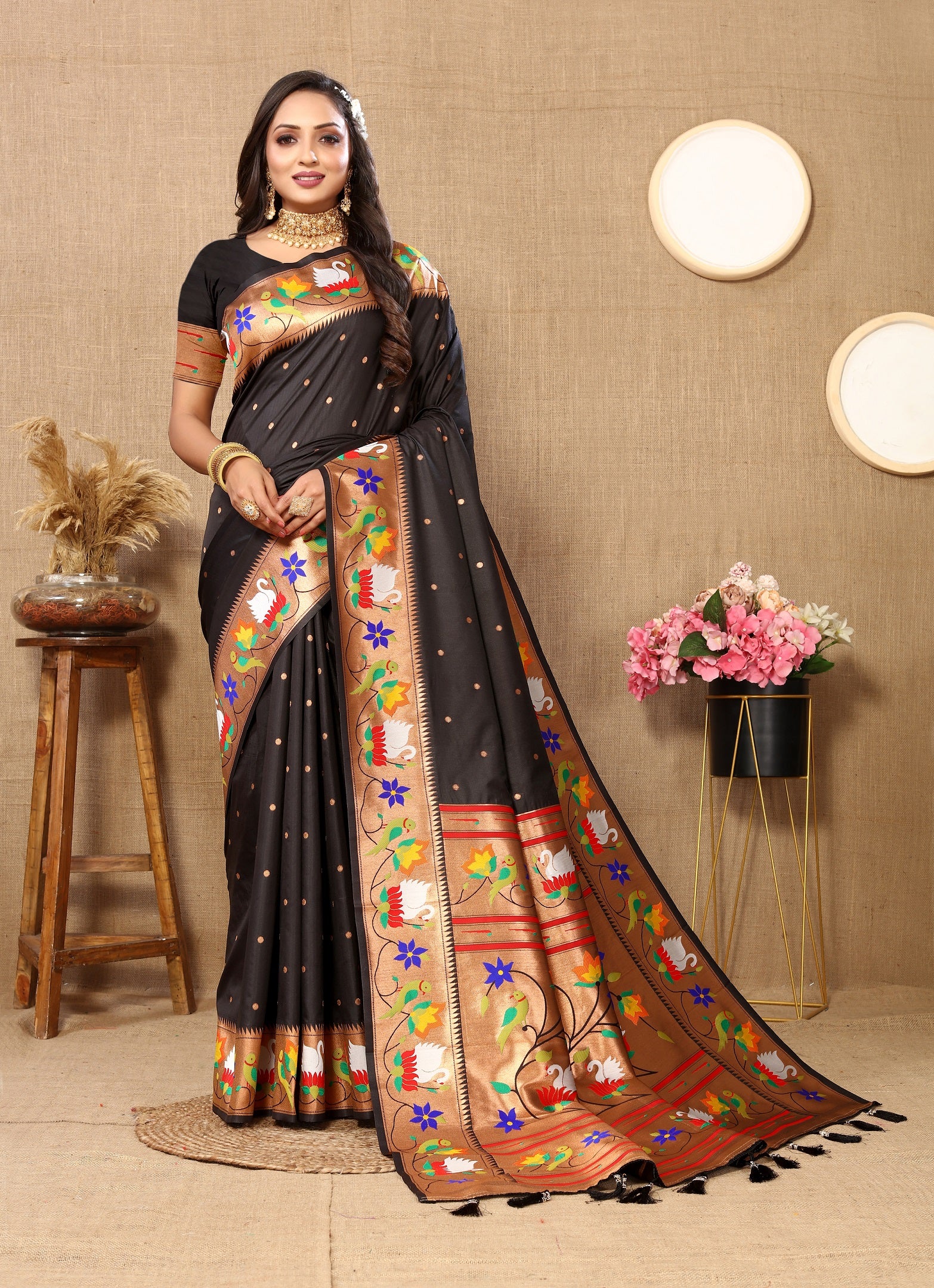 Vedant Vastram Black Color Paithani Silk Saree - Black - Distacart