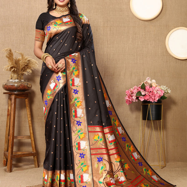 Vedant Vastram Black Color Paithani Silk Saree - Black - Distacart