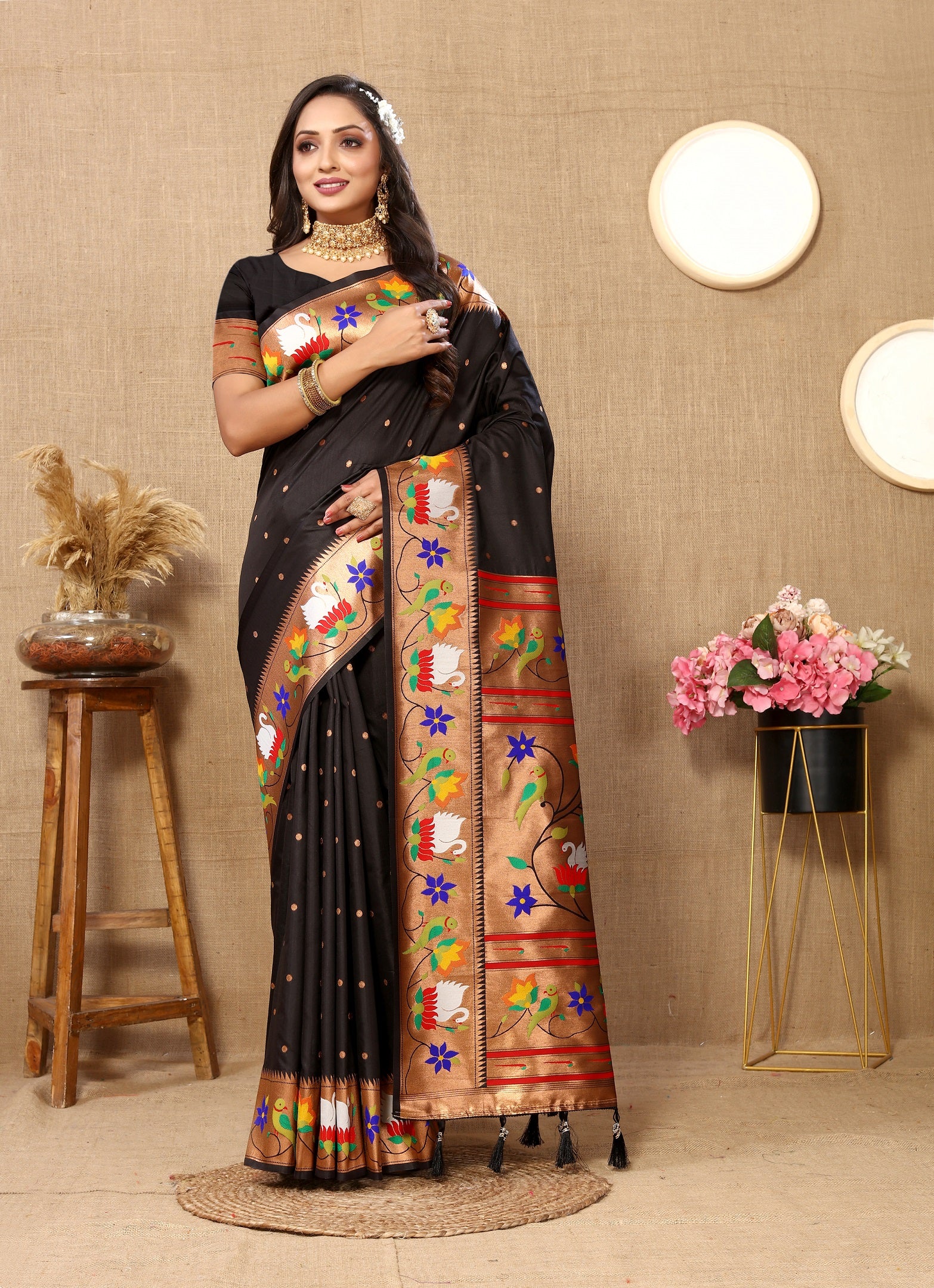 Vedant Vastram Black Color Paithani Silk Saree - Black - Distacart