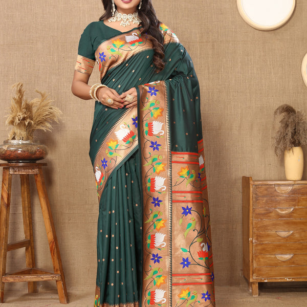 Vedant Vastram Bottle Green Color Paithani Silk Saree - Bottle Green - Distacart