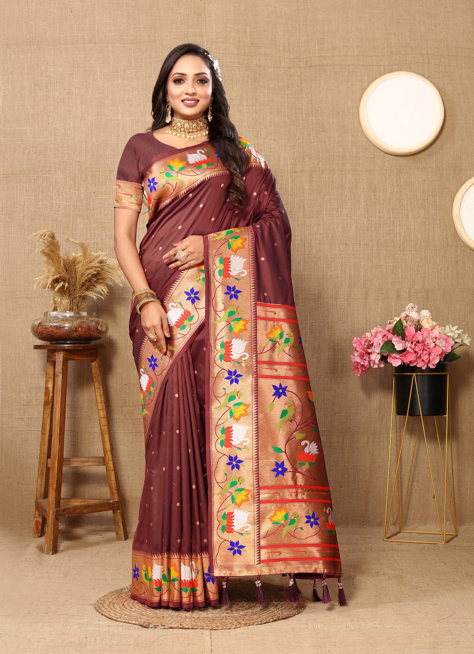Vedant Vastram Brown Color Paithani Silk Saree - Brown - Distacart