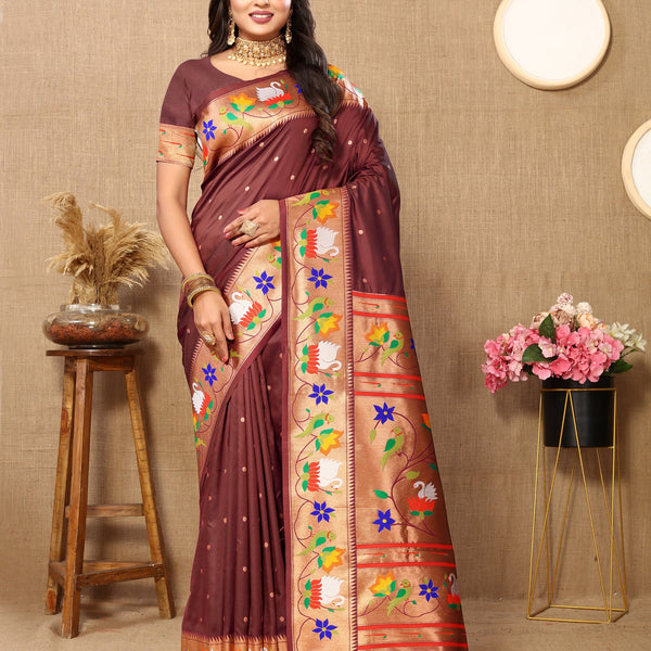 Vedant Vastram Brown Color Paithani Silk Saree - Brown - Distacart