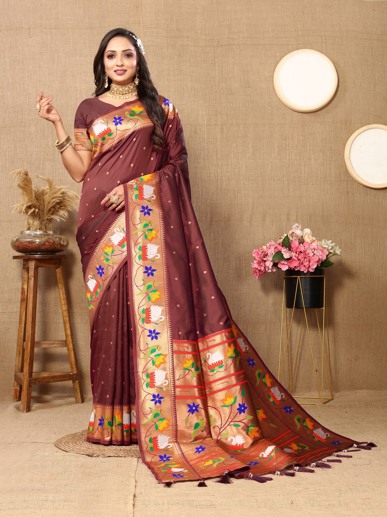 Vedant Vastram Brown Color Paithani Silk Saree - Brown - Distacart