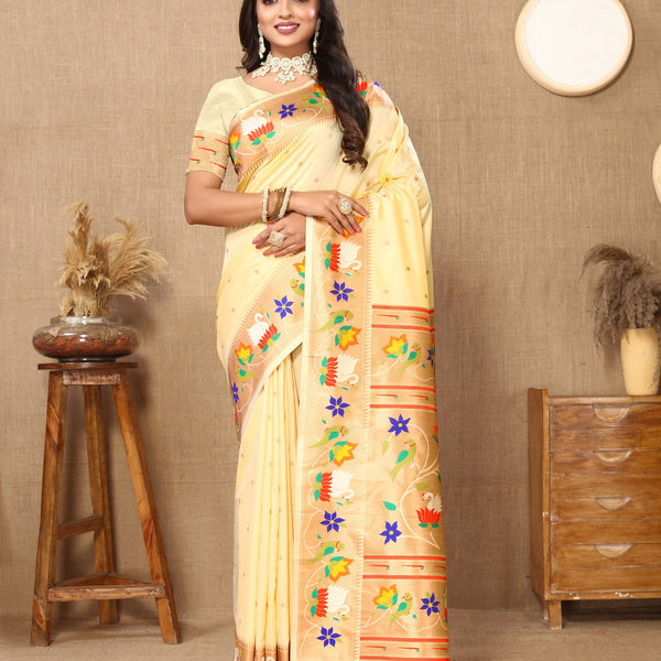 Vedant Vastram Cream Color Paithani Silk Saree - Cream - Distacart