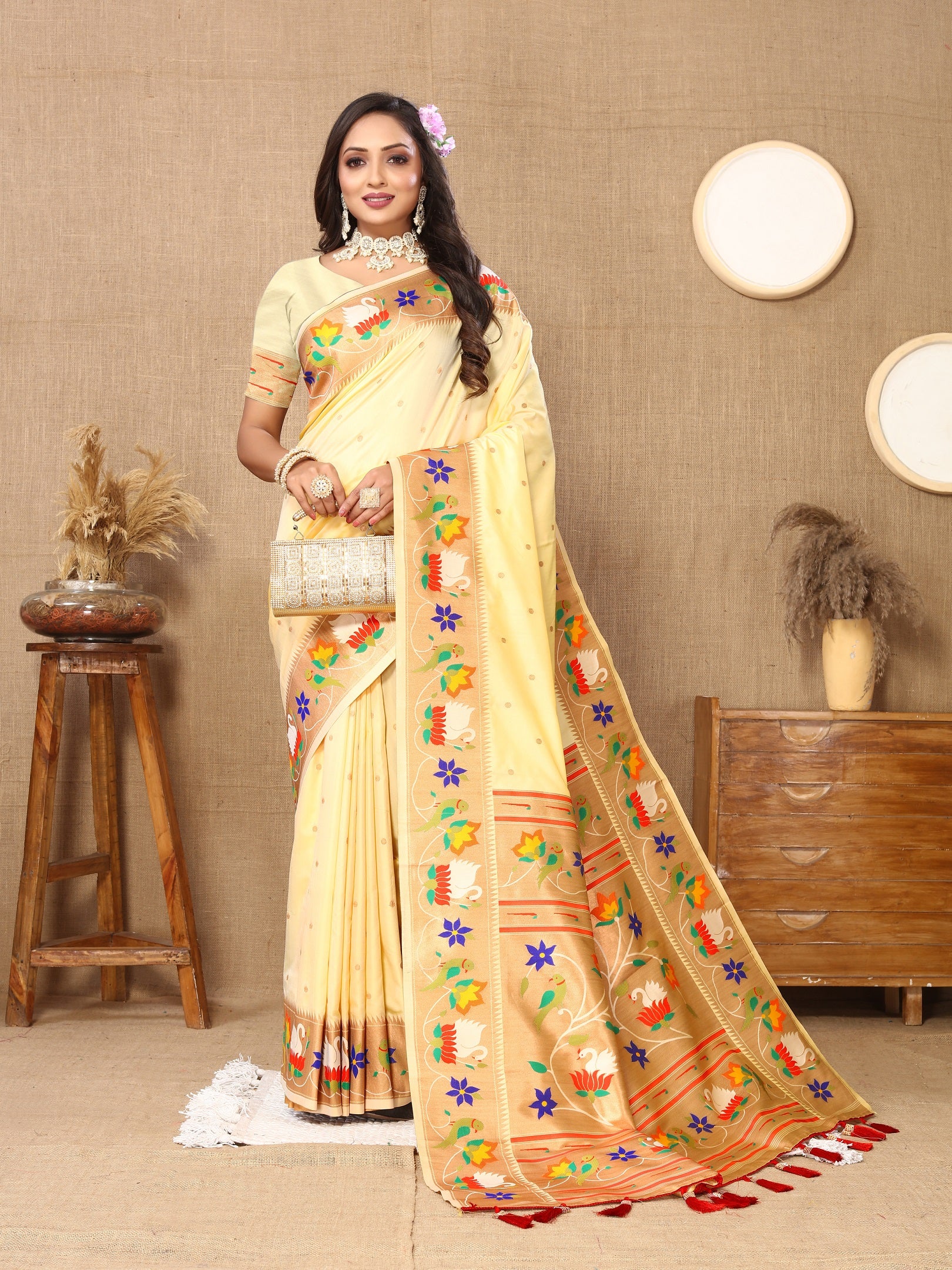 Vedant Vastram Cream Color Paithani Silk Saree - Cream - Distacart