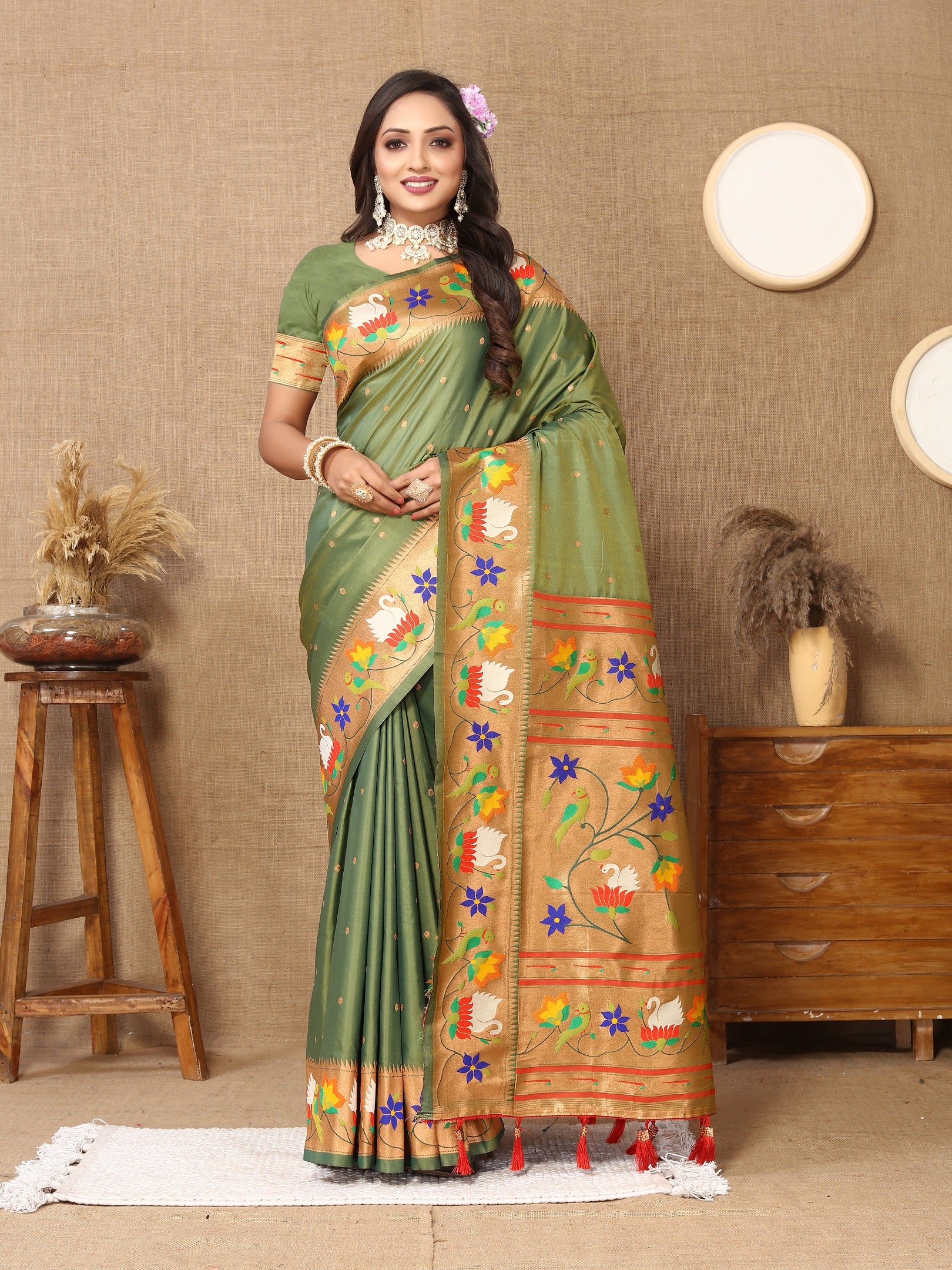 Vedant Vastram Mehndi Color Paithani Silk Saree - Mehndi - Distacart