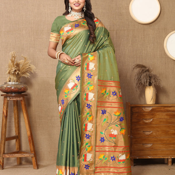 Vedant Vastram Mehndi Color Paithani Silk Saree - Mehndi - Distacart