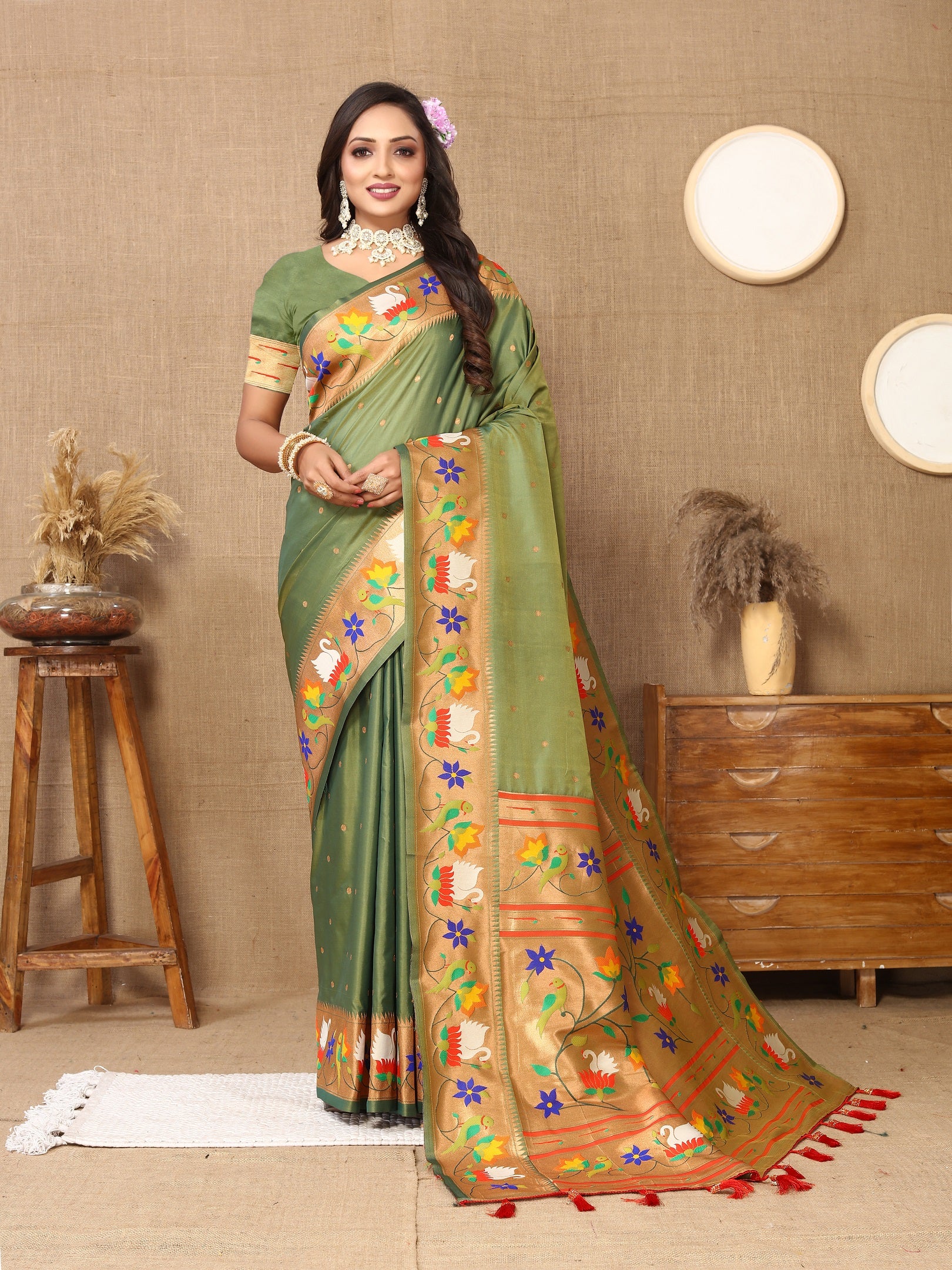 Vedant Vastram Mehndi Color Paithani Silk Saree - Mehndi - Distacart