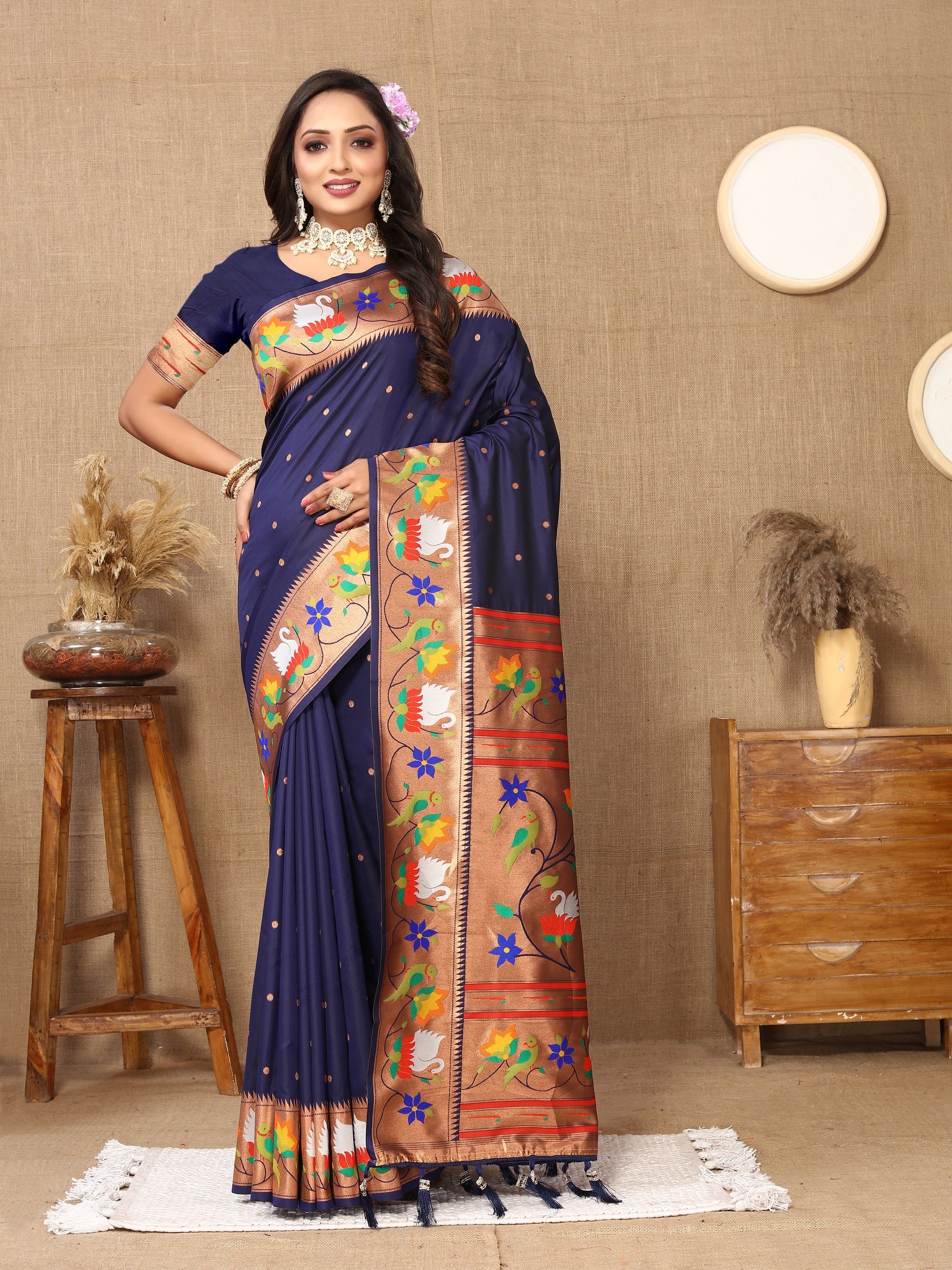 Vedant Vastram Navy Blue Color Paithani Silk Saree - Navy Blue - Distacart