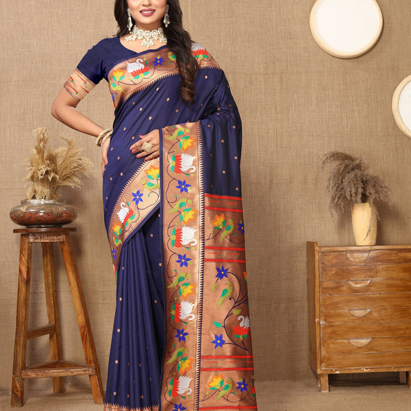 Vedant Vastram Navy Blue Color Paithani Silk Saree - Navy Blue - Distacart