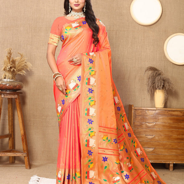 Vedant Vastram Peach Color Paithani Silk Saree - Peach - Distacart