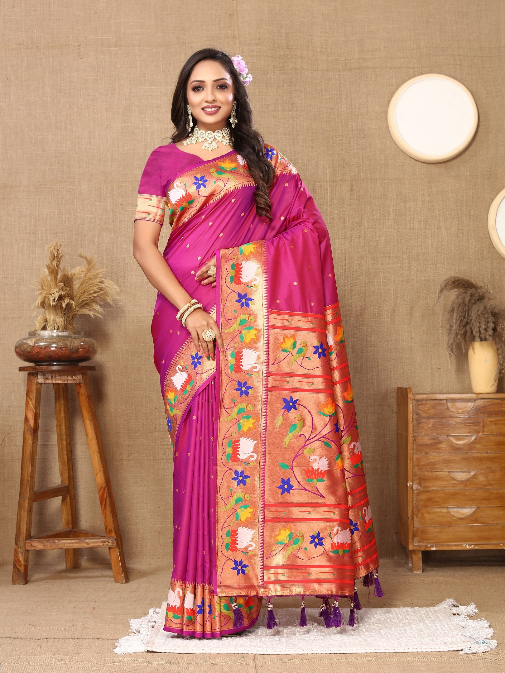 Vedant Vastram Rani Pink Color Paithani Silk Saree - Rani Pink - Distacart