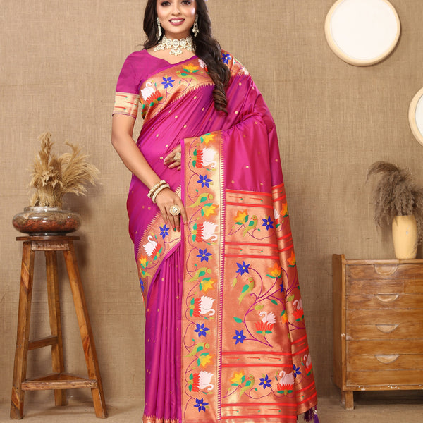 Vedant Vastram Rani Pink Color Paithani Silk Saree - Rani Pink - Distacart