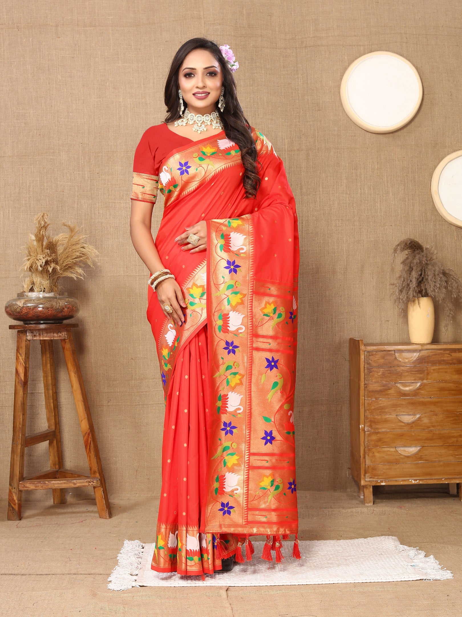 Vedant Vastram Red Color Paithani Silk Saree - Red - Distacart