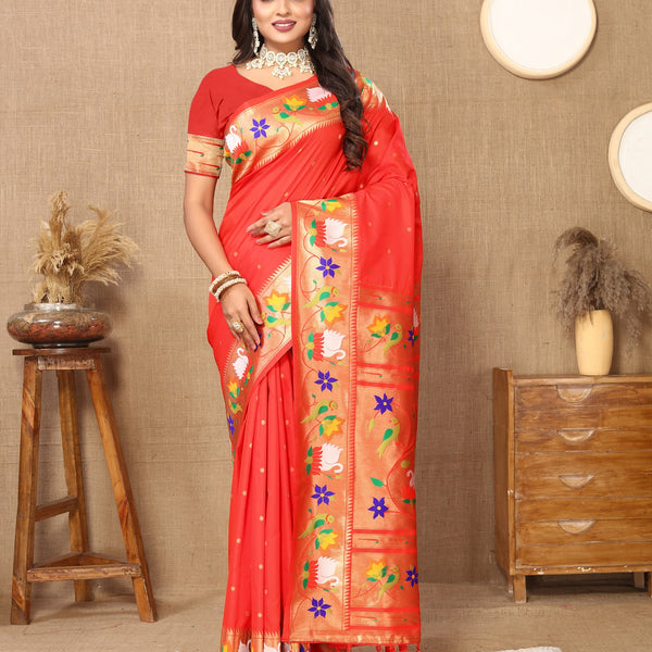 Vedant Vastram Red Color Paithani Silk Saree - Red - Distacart
