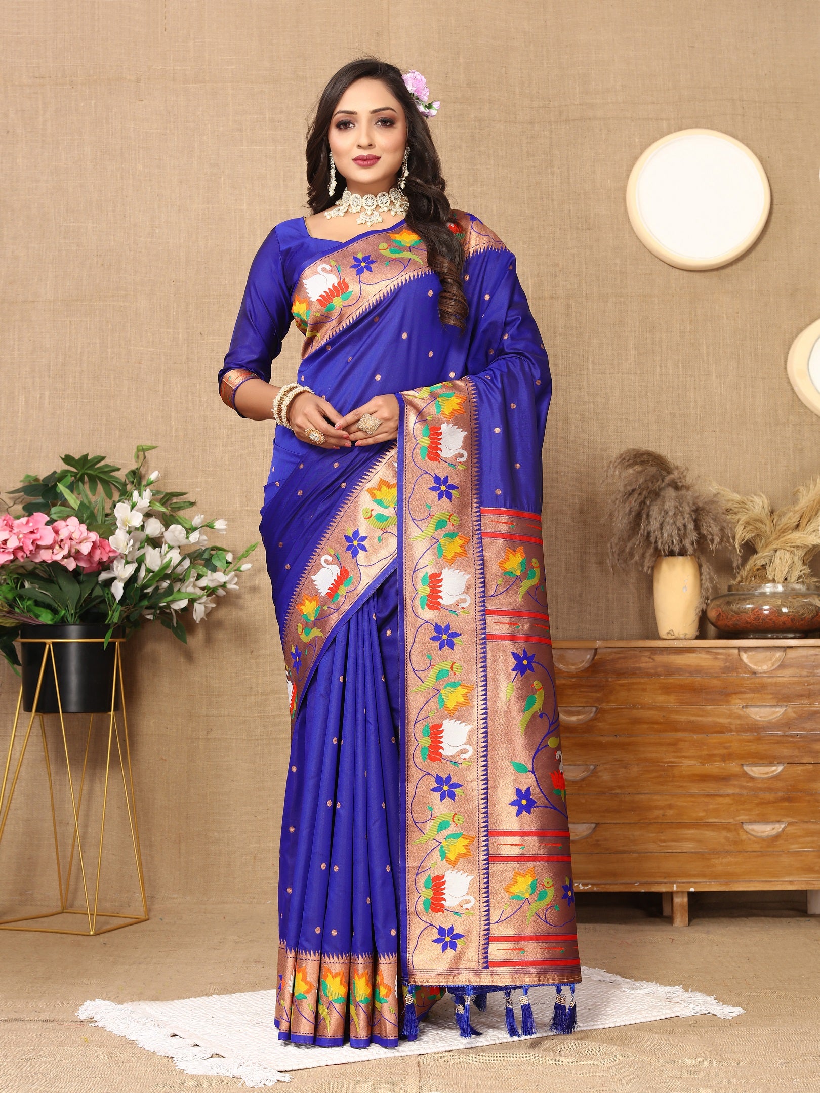 Vedant Vastram Royal Blue Color Paithani Silk Saree - Royal Blue - Distacart