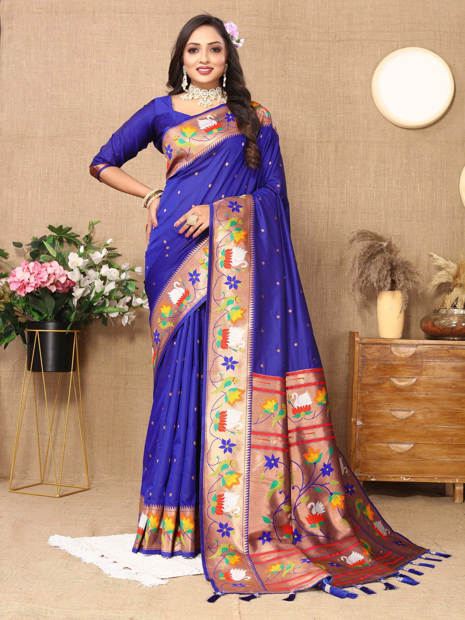 Vedant Vastram Royal Blue Color Paithani Silk Saree - Royal Blue - Distacart