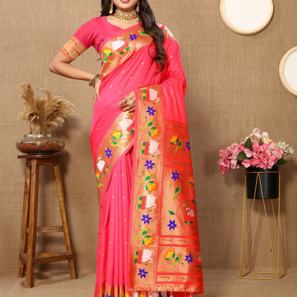 Vedant Vastram Tomato Color Paithani Silk Saree - Tomato - Distacart