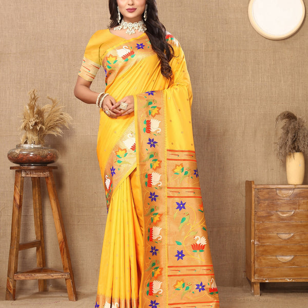 Vedant Vastram Yellow Color Paithani Silk Saree - Yellow - Distacart