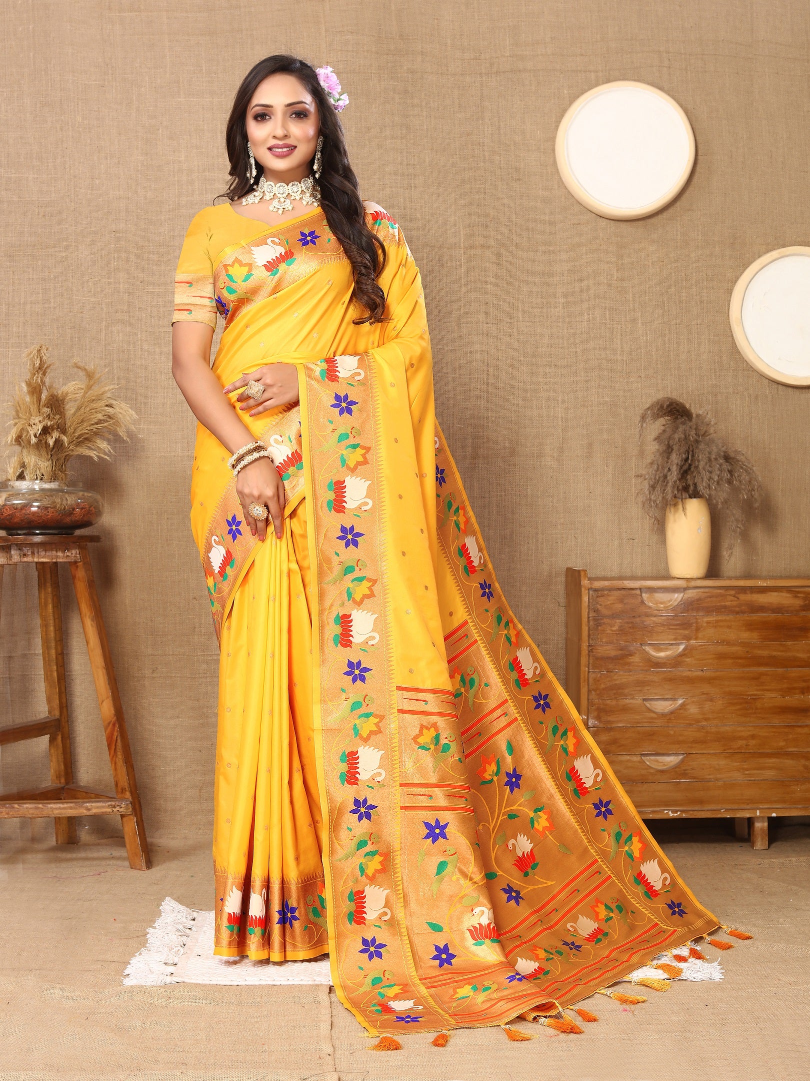 Vedant Vastram Yellow Color Paithani Silk Saree - Yellow - Distacart
