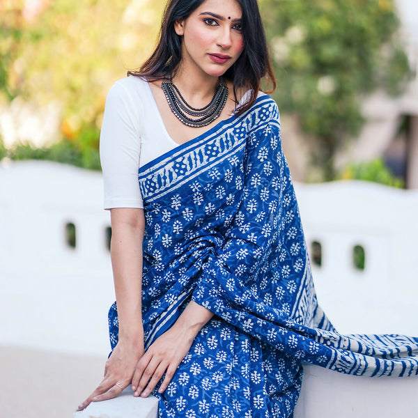 Zibaa Hand-Blocked Pure Mul Cotton Indigo Saree