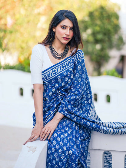 Zibaa Hand-Blocked Pure Mul Cotton Indigo Saree - Distacart