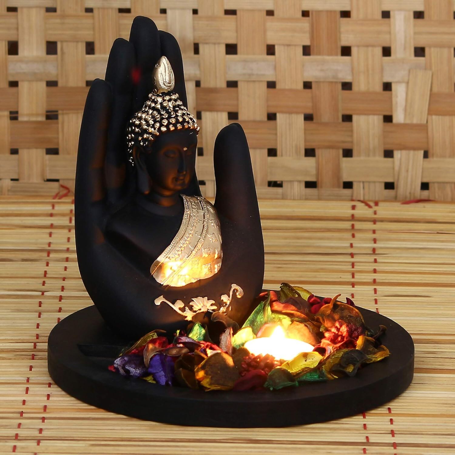 eCraftIndia Black and Golden Polyresin Palm Buddha Statue - Distacart