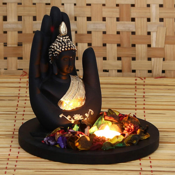 eCraftIndia Black and Golden Polyresin Palm Buddha Statue - Distacart