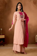 Thumbnail for Lehenga Mart Designer Front-Slit Kurta, Paired With Wide-Leg Palazzo Pants And A Dupatta.-Peach - Distacart