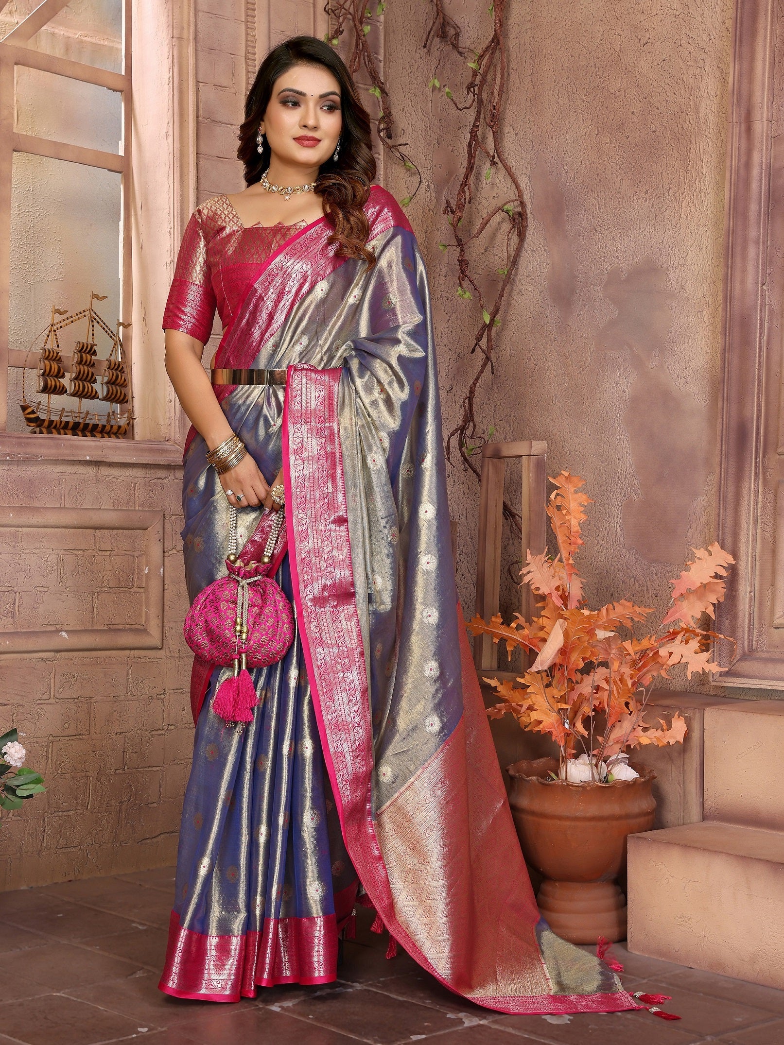 Vedant Vastram Tissue Silk Kanjeevaram Silk Saree - Blue - Distacart
