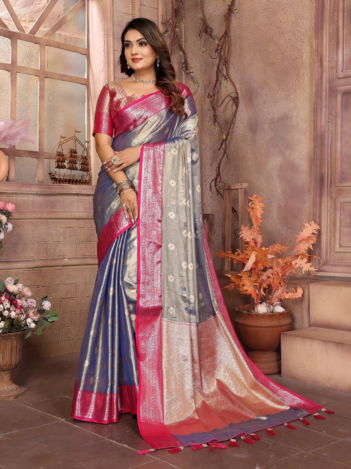 Vedant Vastram Tissue Silk Kanjeevaram Silk Saree - Blue - Distacart
