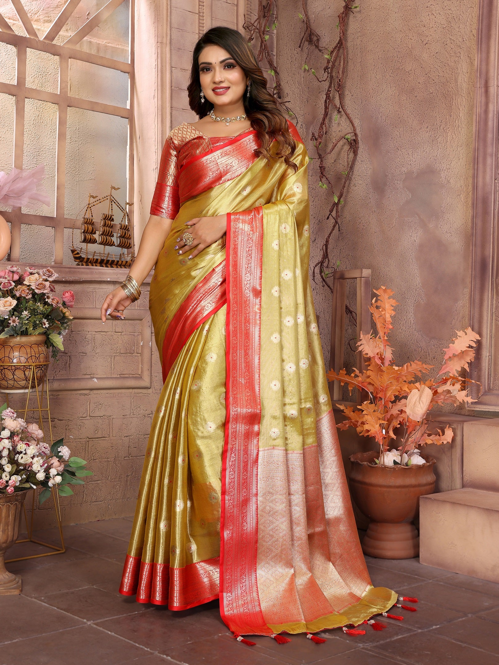 Vedant Vastram Tissue Silk Kanjeevaram Silk Saree - Olive - Distacart