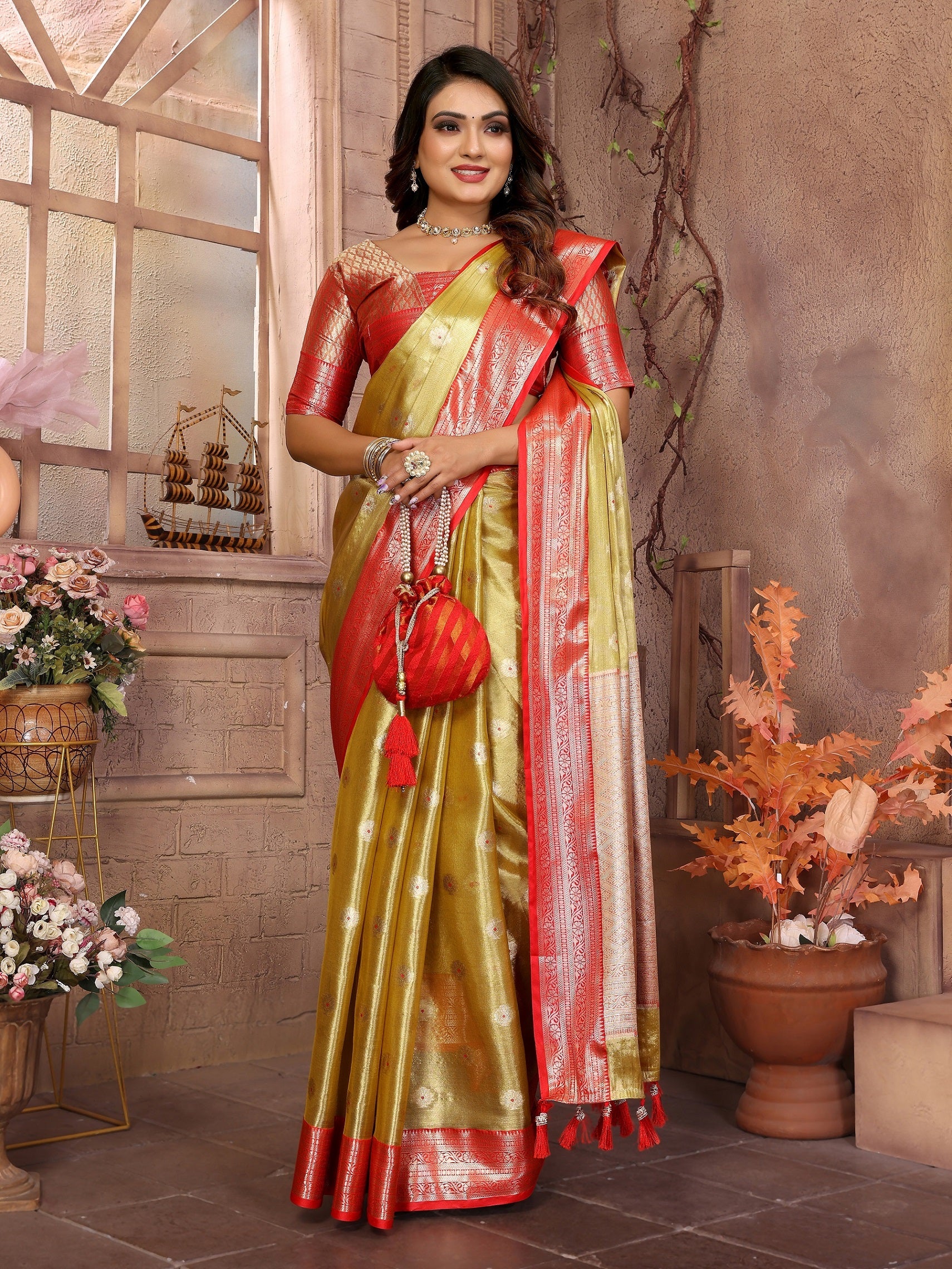 Vedant Vastram Tissue Silk Kanjeevaram Silk Saree - Olive - Distacart