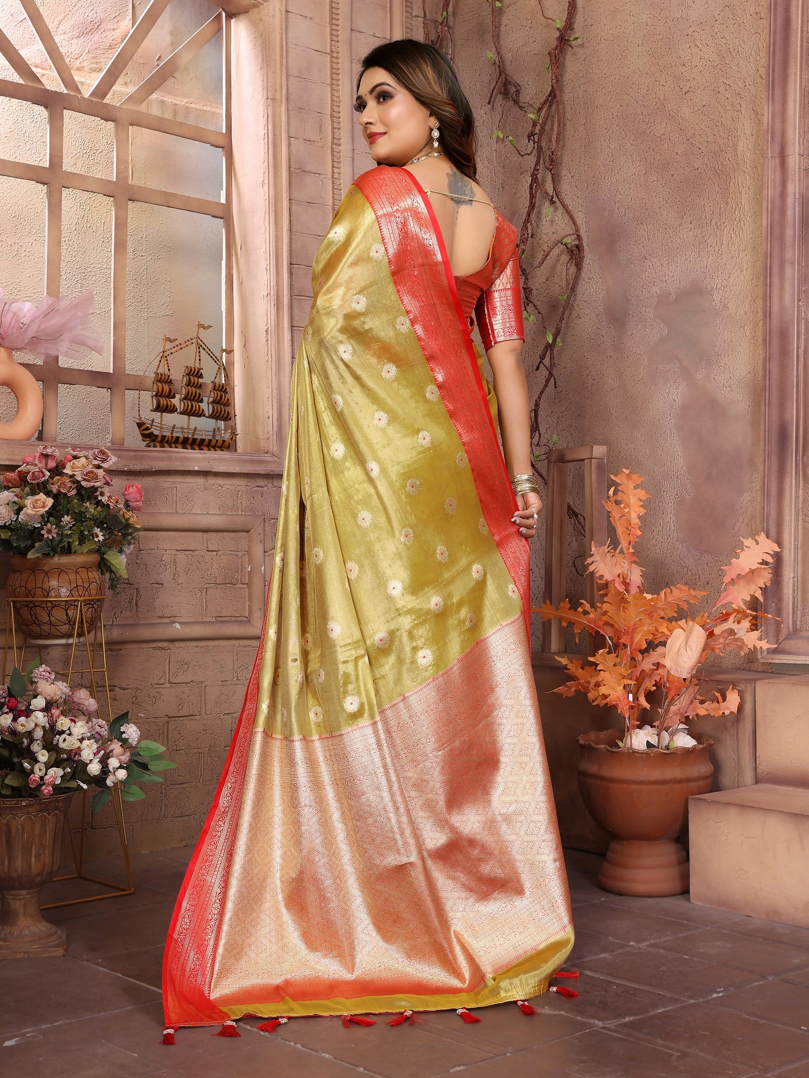 Vedant Vastram Tissue Silk Kanjeevaram Silk Saree - Olive - Distacart