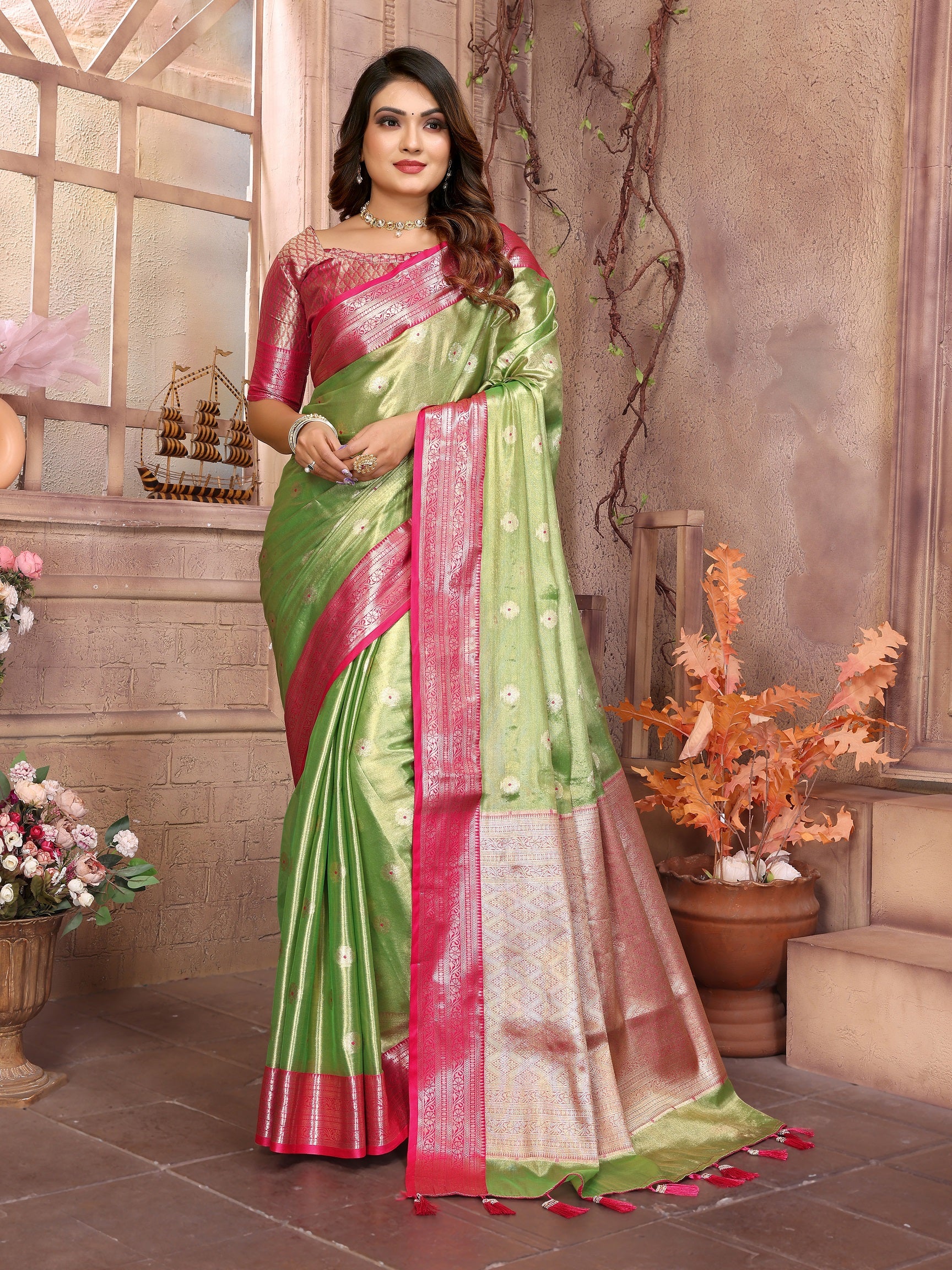 Vedant Vastram Tissue Silk Kanjeevaram Silk Saree - Parrot - Distacart