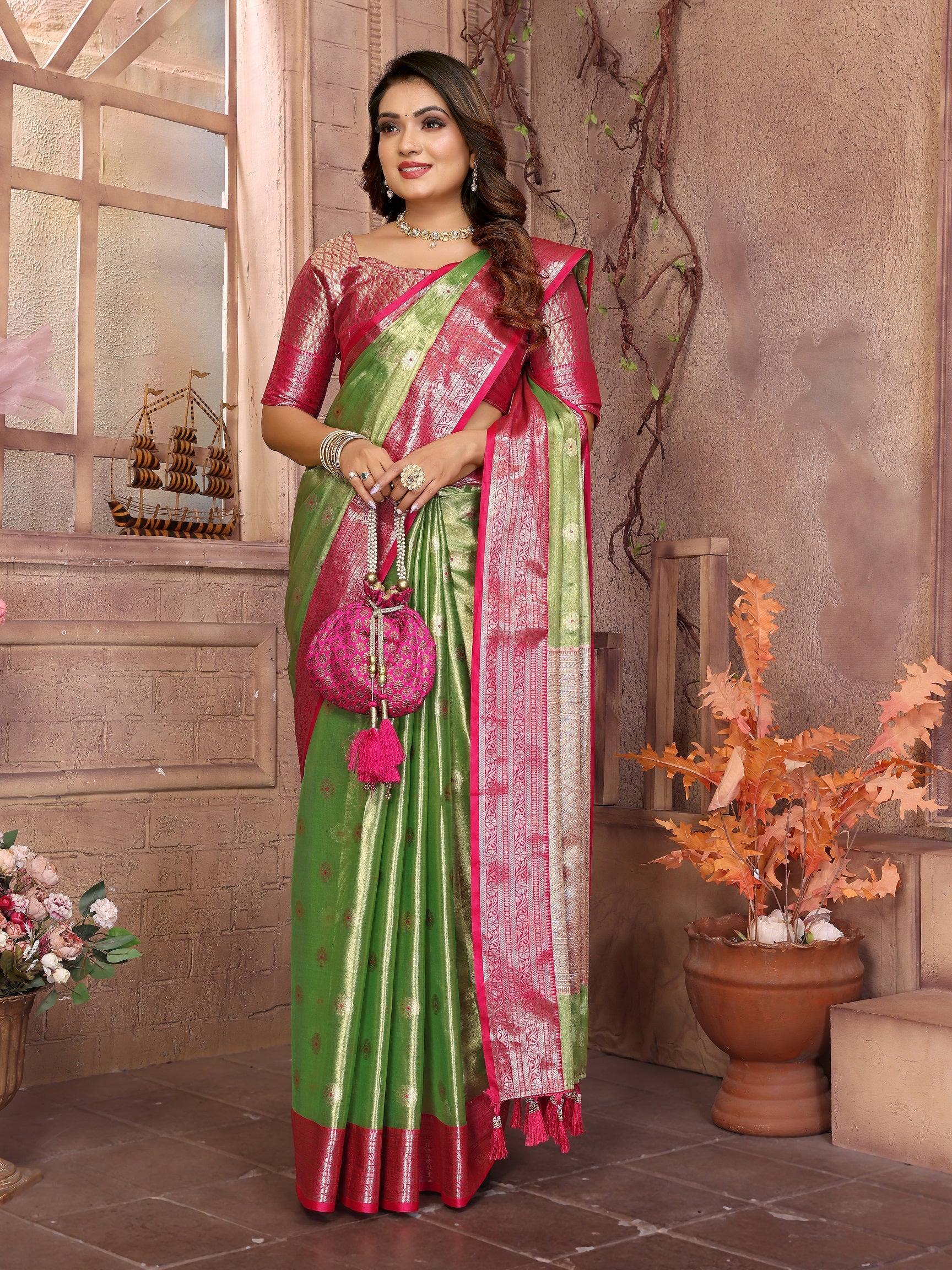 Vedant Vastram Tissue Silk Kanjeevaram Silk Saree - Parrot - Distacart