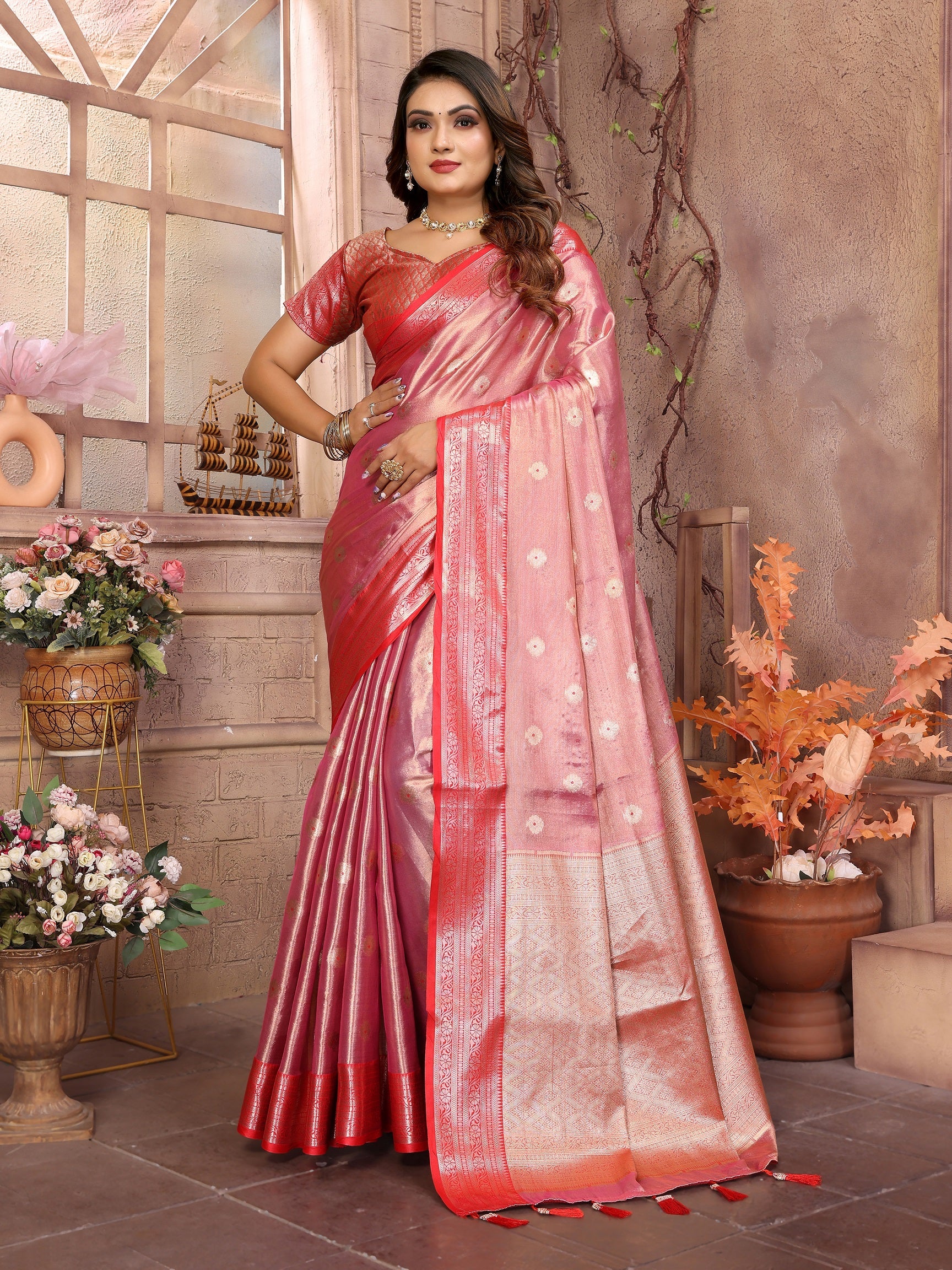 Vedant Vastram Tissue Silk Kanjeevaram Silk Saree - Pink - Distacart