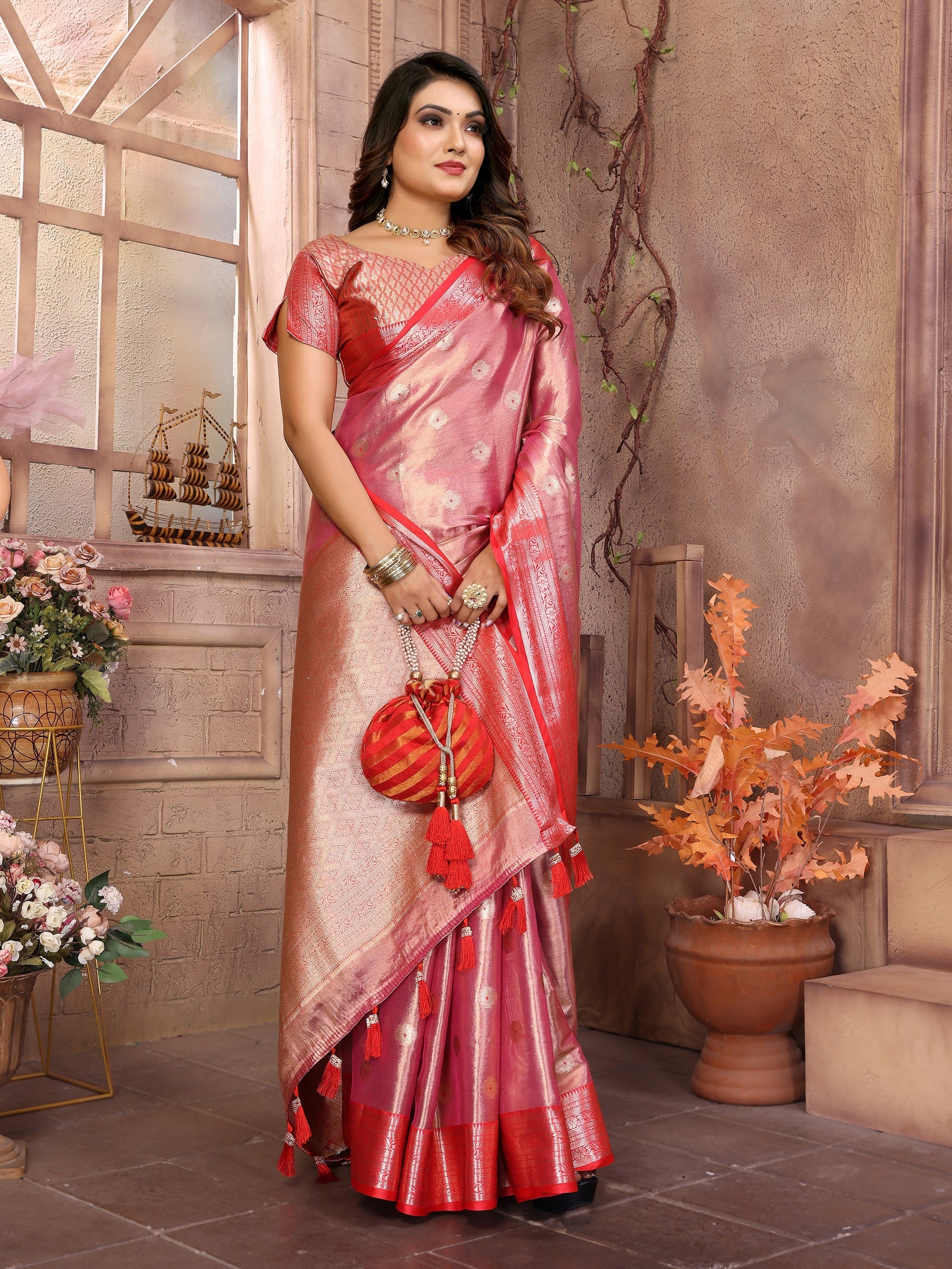 Vedant Vastram Tissue Silk Kanjeevaram Silk Saree - Pink - Distacart