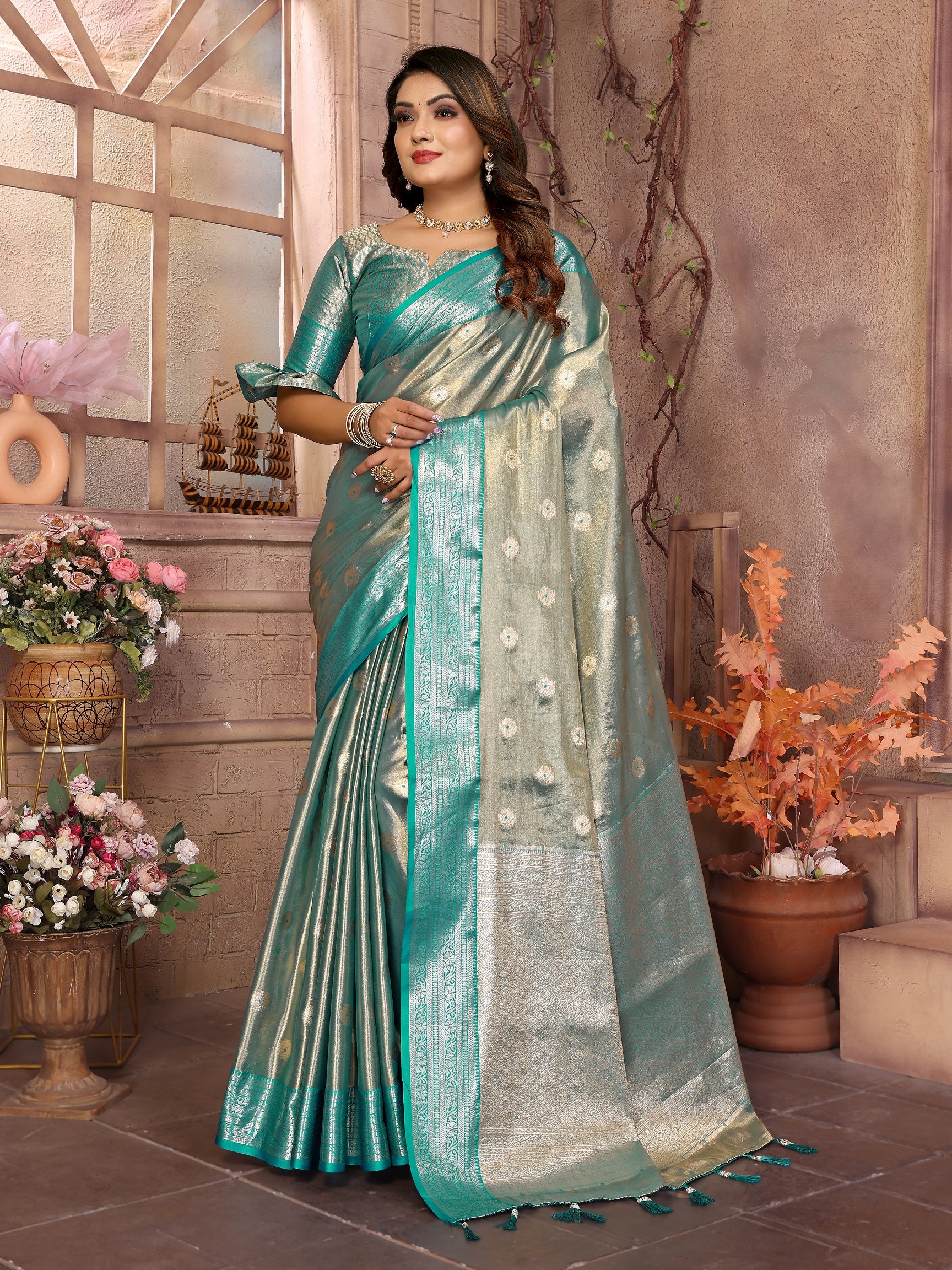Vedant Vastram Tissue Silk Kanjeevaram Silk Saree - Rama - Distacart