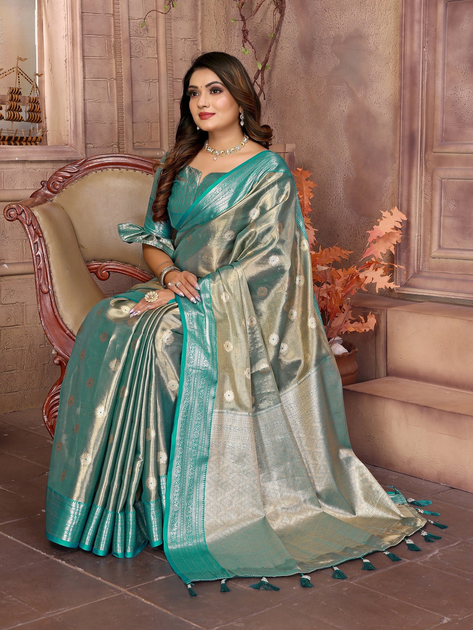 Vedant Vastram Tissue Silk Kanjeevaram Silk Saree - Rama - Distacart